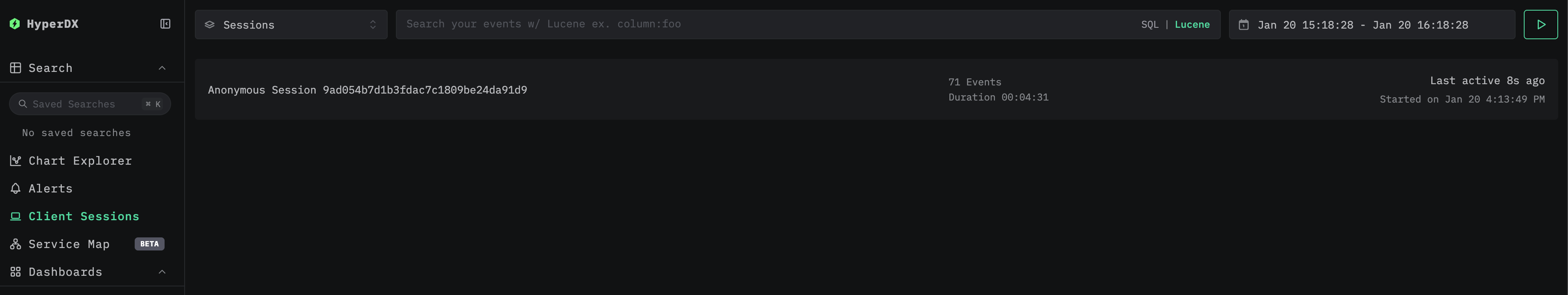 Session replay search view