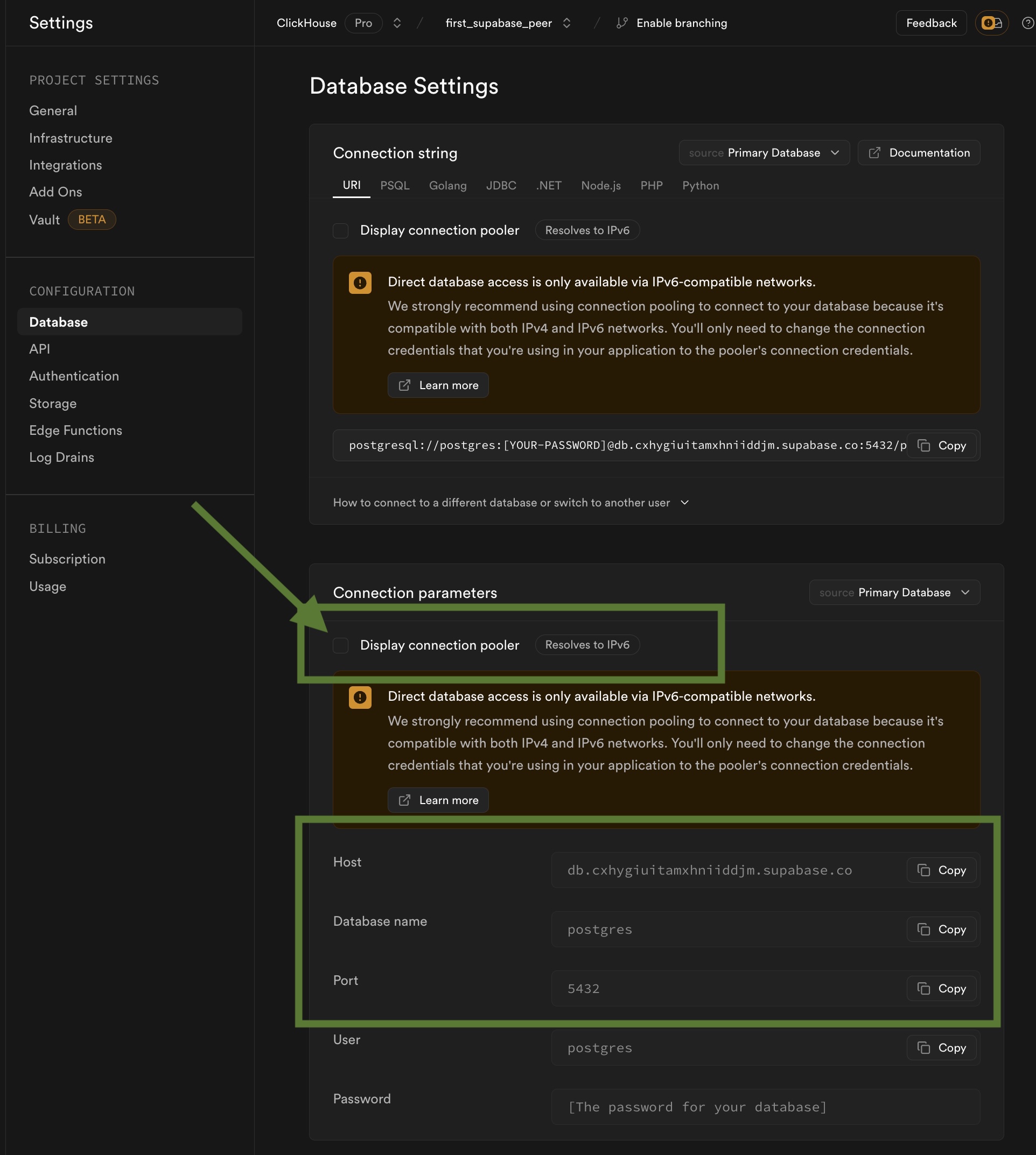 Найдите параметры подключения Supabase